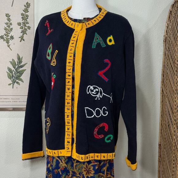 Lemon Grass Sweaters - Vintage 90s Y2k Embroidered School Teacher Cardigan Sweater Grandma Novelty L
